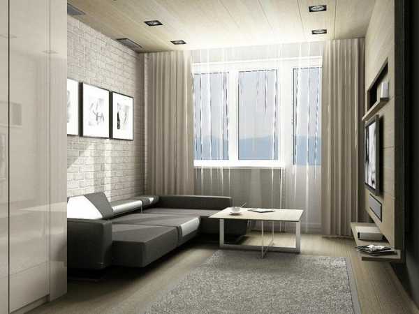 Dizajn sobe površine 18 m2 na fotografiji studio apartmana - unutrašnjost pravokutnog studio apartmana s balkonom u Hruščovu