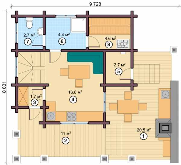 Kupaonica u drvenoj kući 6x8,5m, s sjeckanim potkrovljem, terasom 2x6m i balkonom (